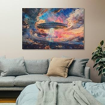 Amazon.co.jp: 絵画 UFOの到来インテリア 絵画 油絵イラスト
